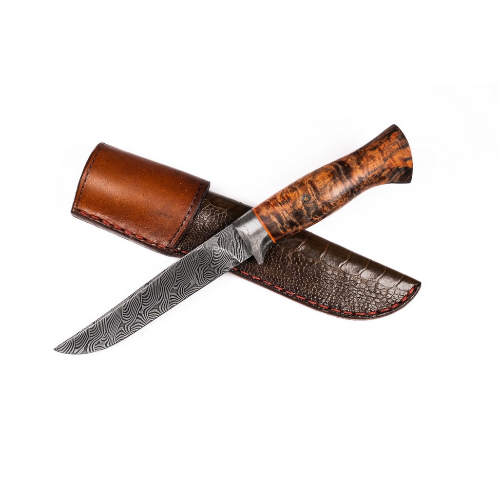 KNIFE PAUL ROODT DAMASCUS HUNTER ORANGE KORUVIAN BIRCH WAVES